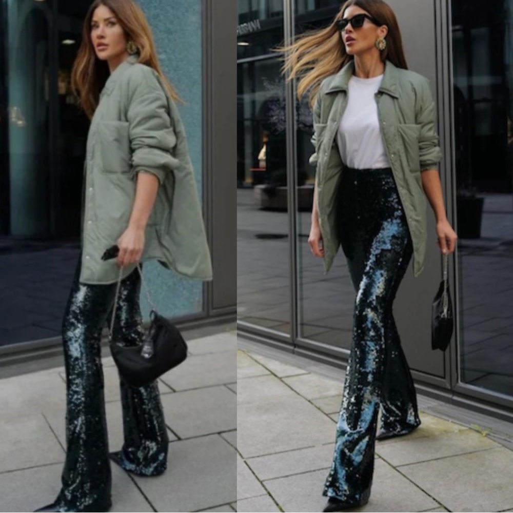 ZARA NWT BLOGGER FAVE Emerald Green Sequin Flare Leg Pants Holiday Party Pants - Picture 17 of 17